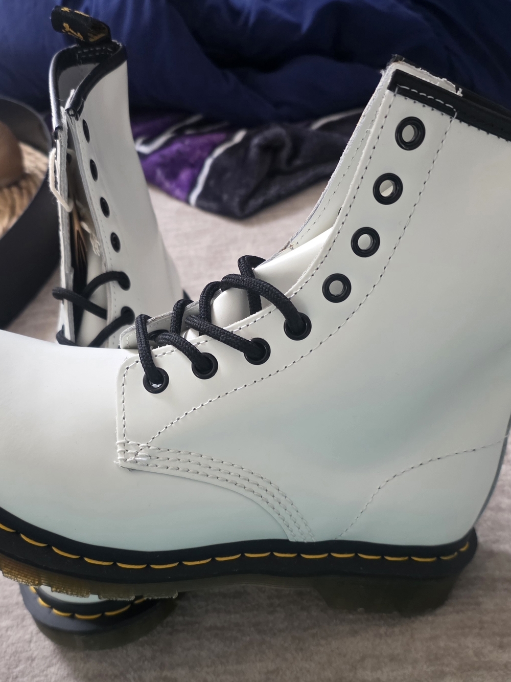 White Women's Combat Boots with Black Trim - Dr. Martens Style 1460 *Brand New*